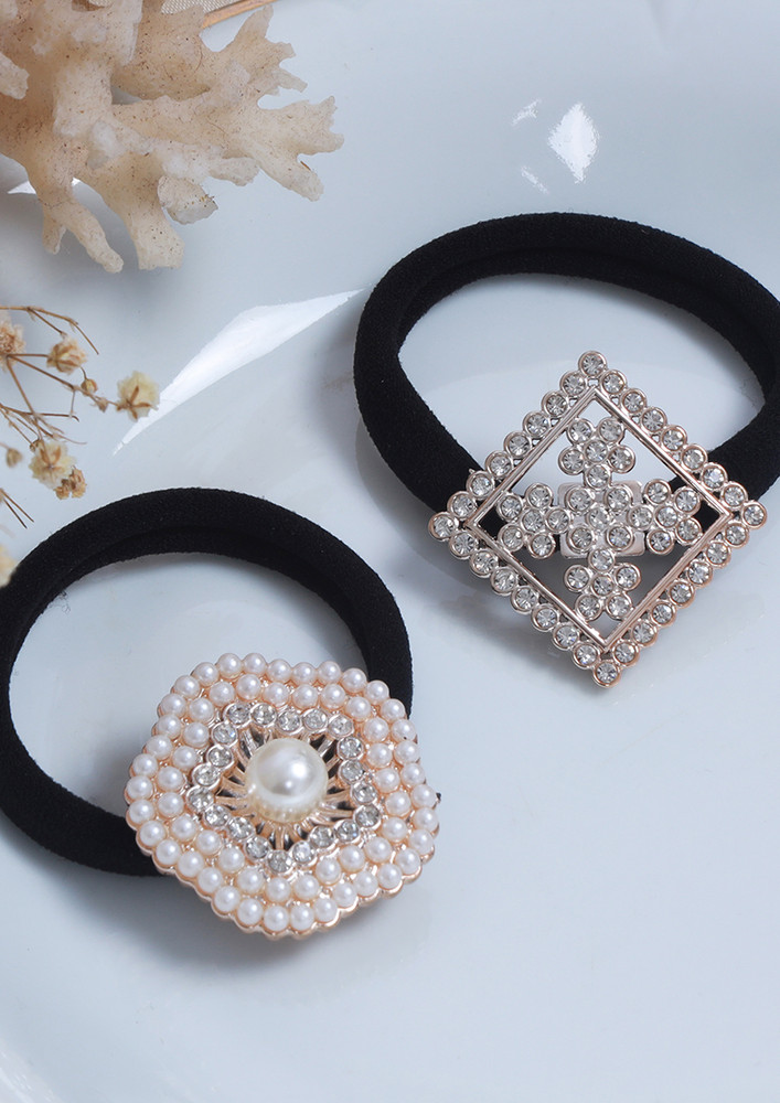 Set Of Two Pearl & Diamante Studded Oversized Square & Flower Hair Ties