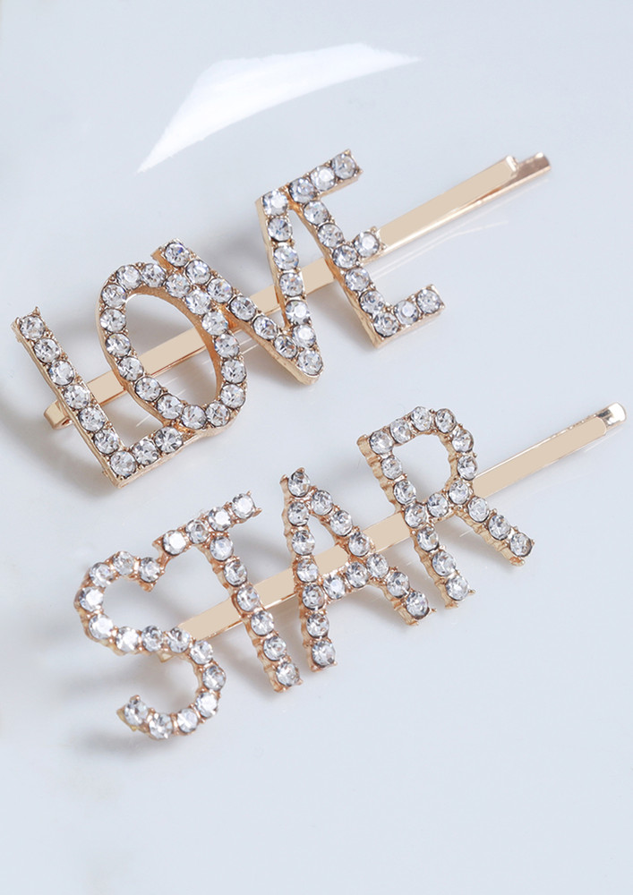 Set Of Two Star & Love Statement Diamante Studded Gold-toned Hairclips