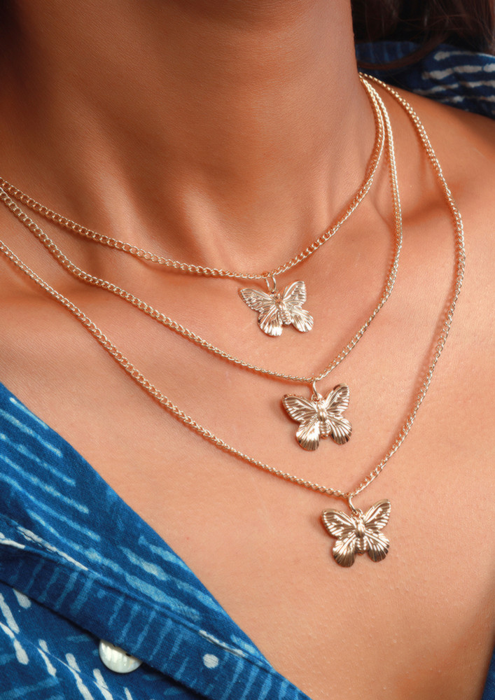 Butterfly Pendant Statement Gold Toned Layered Necklace