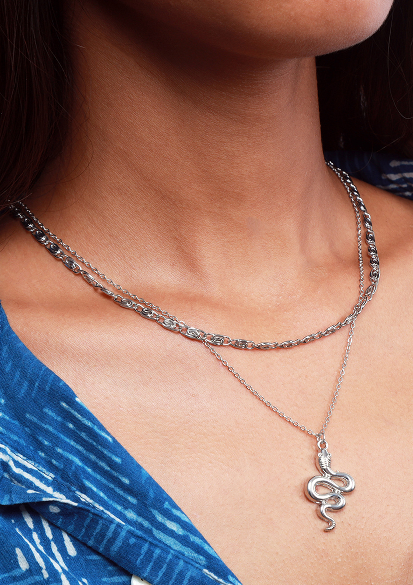 Snake Pendant Snail Chain-Link Statement Silver-Toned Layered Necklace