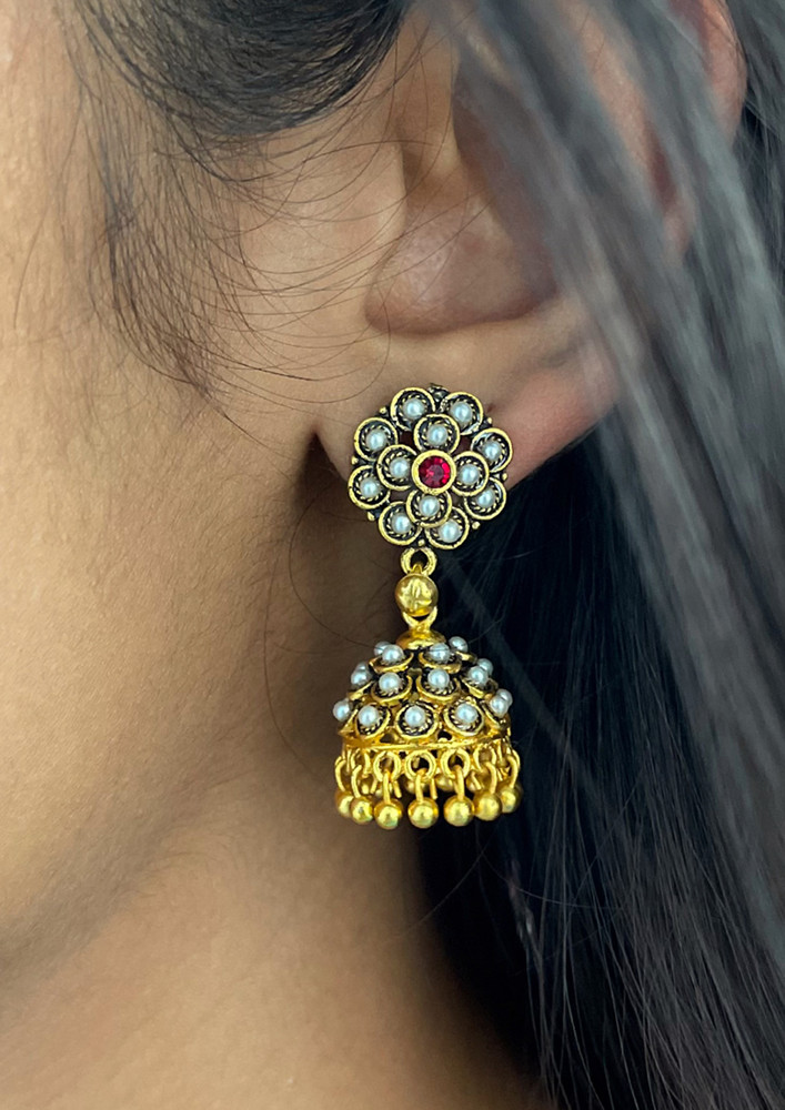Ethnic Gold-toned Pearl Studded Drop Jhumki Earrings