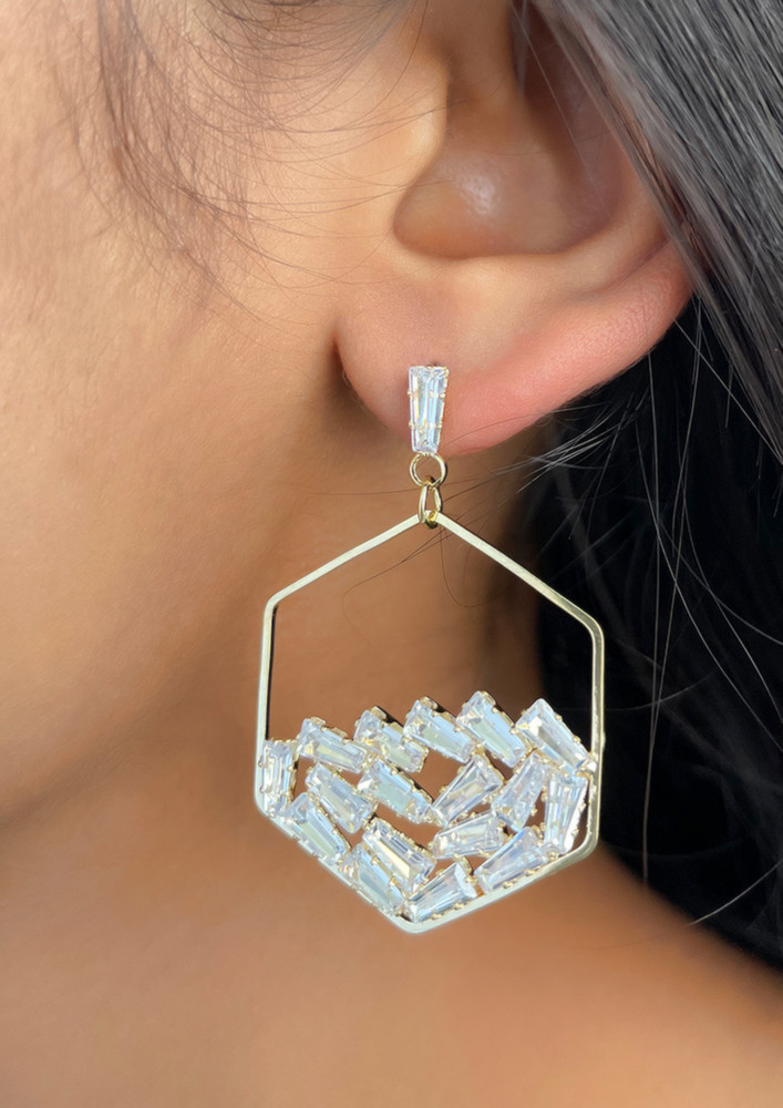 Contemporary Stone Studded Gold-toned Hexagon Drop Earrings