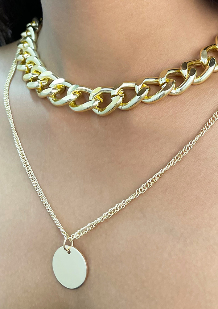 Chunky Chain-link Gold-toned Circular Pendant Layered Necklace
