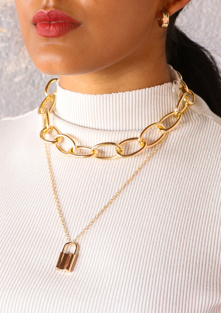 Chunky Chain-link Gold-toned Lock Pendant Layered Necklace