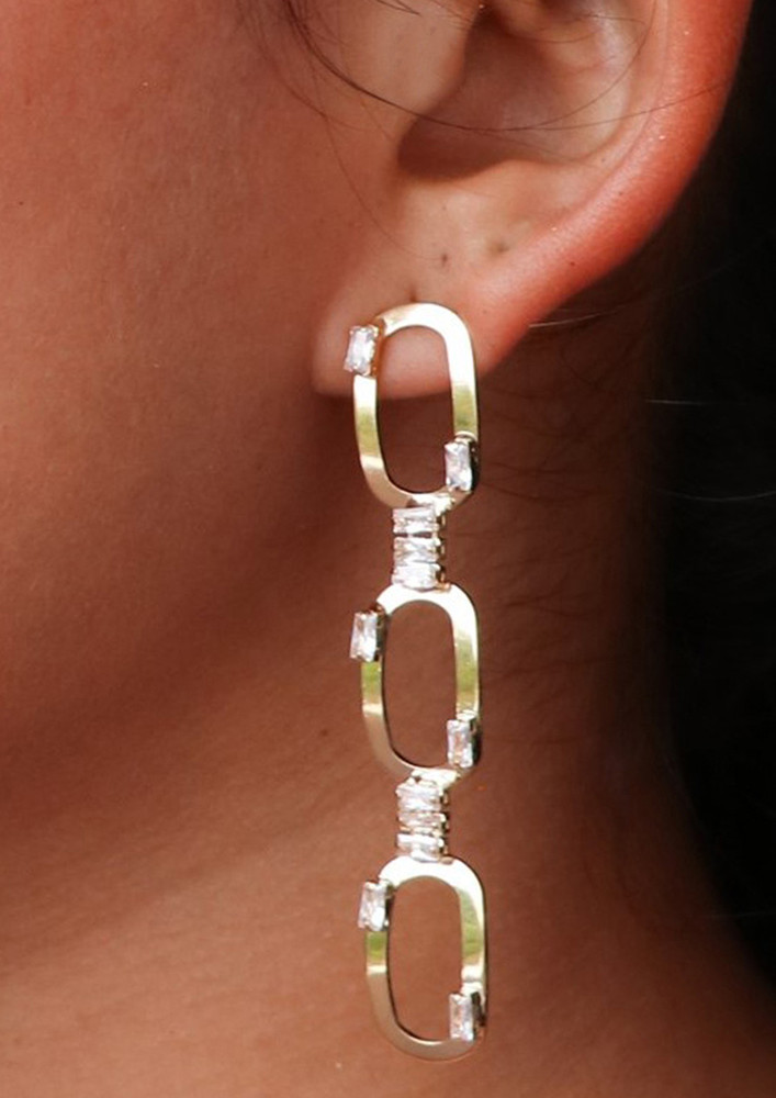 Contemporary Rhinestone Studded Metallic Rectangular Triple Drop Earrings