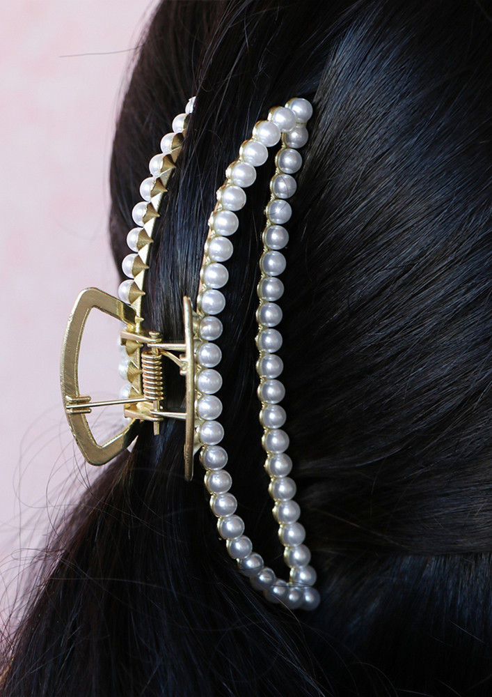 Oversized Chunky Statement Gold-toned Pearl Studded Claw Clip