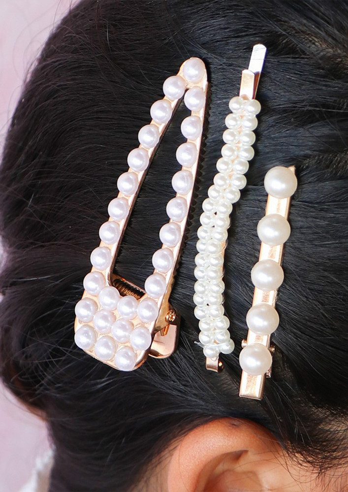 Set Of Three Statement Gold-toned Pearl Studded Hairclips