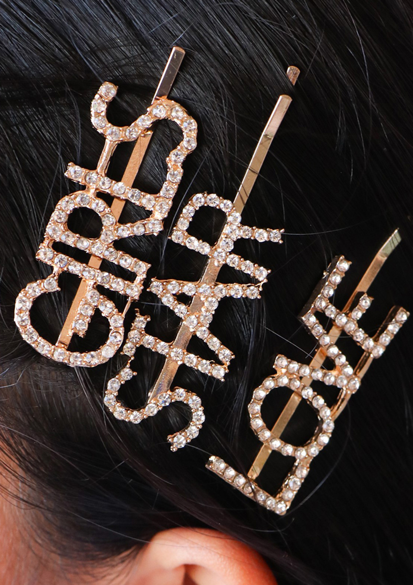 Set Of Three Girls, Star & Love Statement Diamante Studded Gold-Toned Hairclips