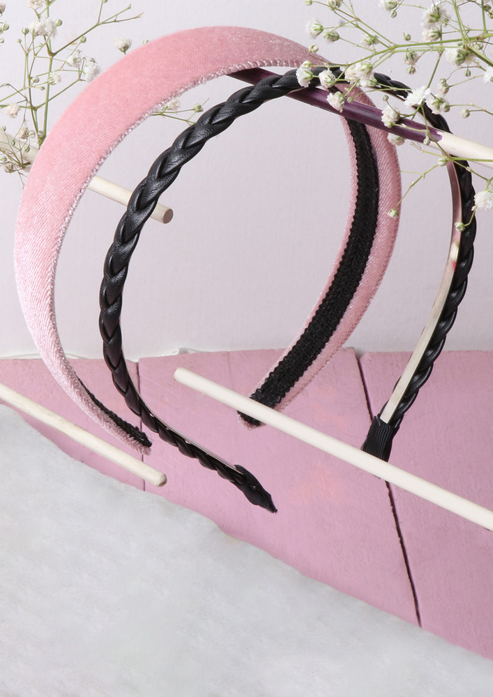 Set Of 2 Pink Velvet & Black Braided Hairbands