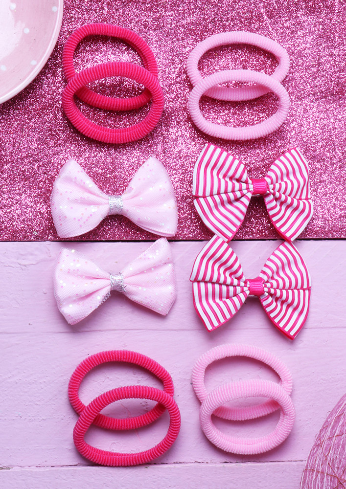 Pink Bow Side Clips And Rubber Bands Hair Accessory Set