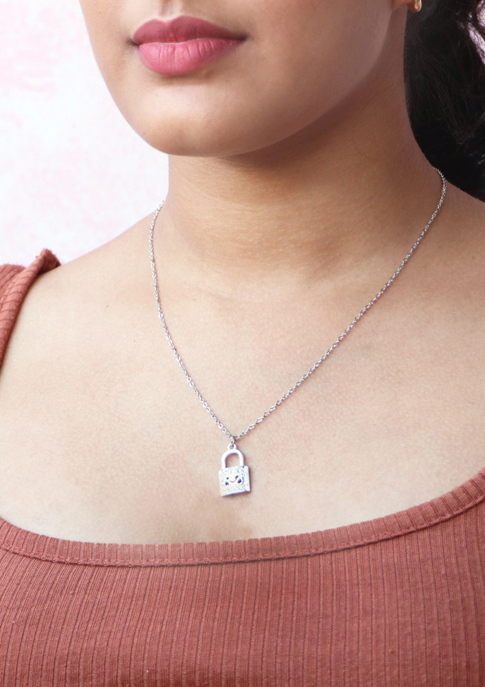 Lock Mini Pendant Silver-toned Stone Studded Dainty Necklace
