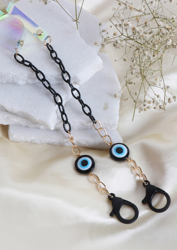 Metallic Gold-Toned Chain-Link & Navy Blue Evil Eye Mask Chain Or Sunglass Chain