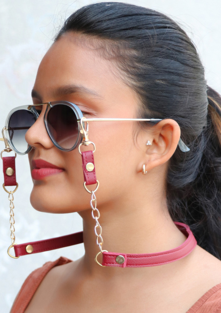 Metallic Gold-toned Chain-link & Maroon Leather Mask Chain Or Sunglass Chain