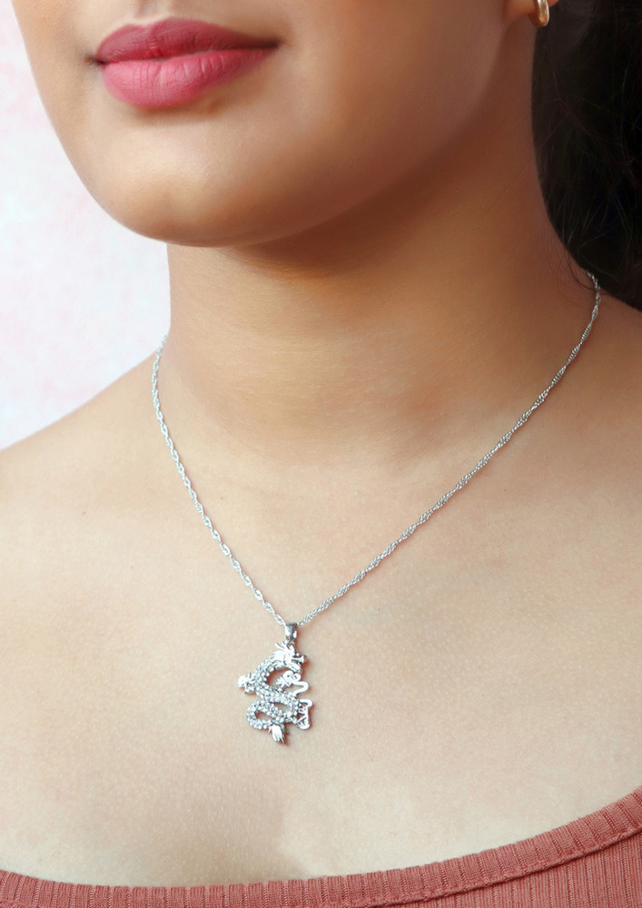 Dragon Mini Pendant Silver-toned Stone Studded Dainty Necklace