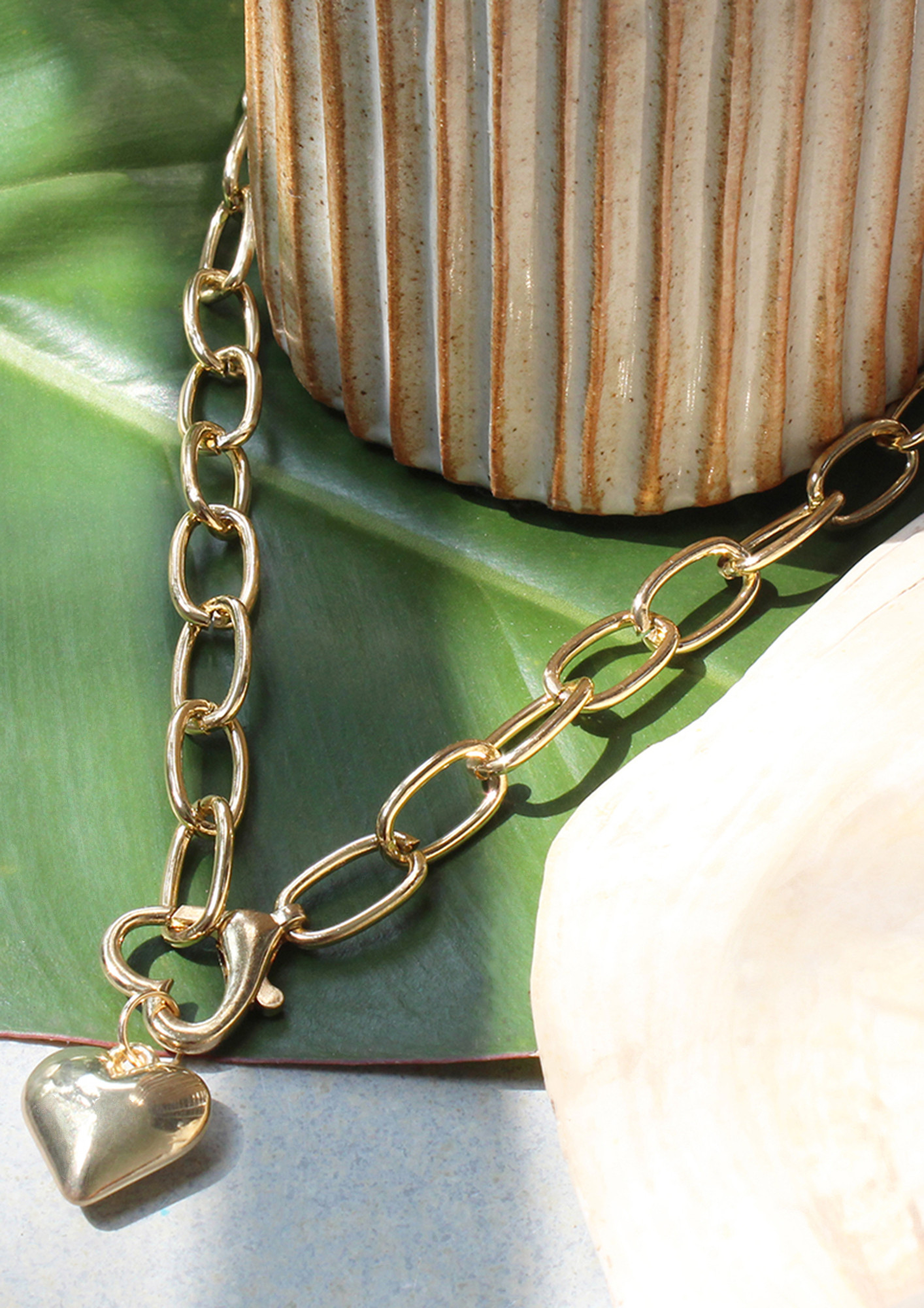 Chunky Chain-Link Gold-Toned Heart Pendant & Lock Necklace
