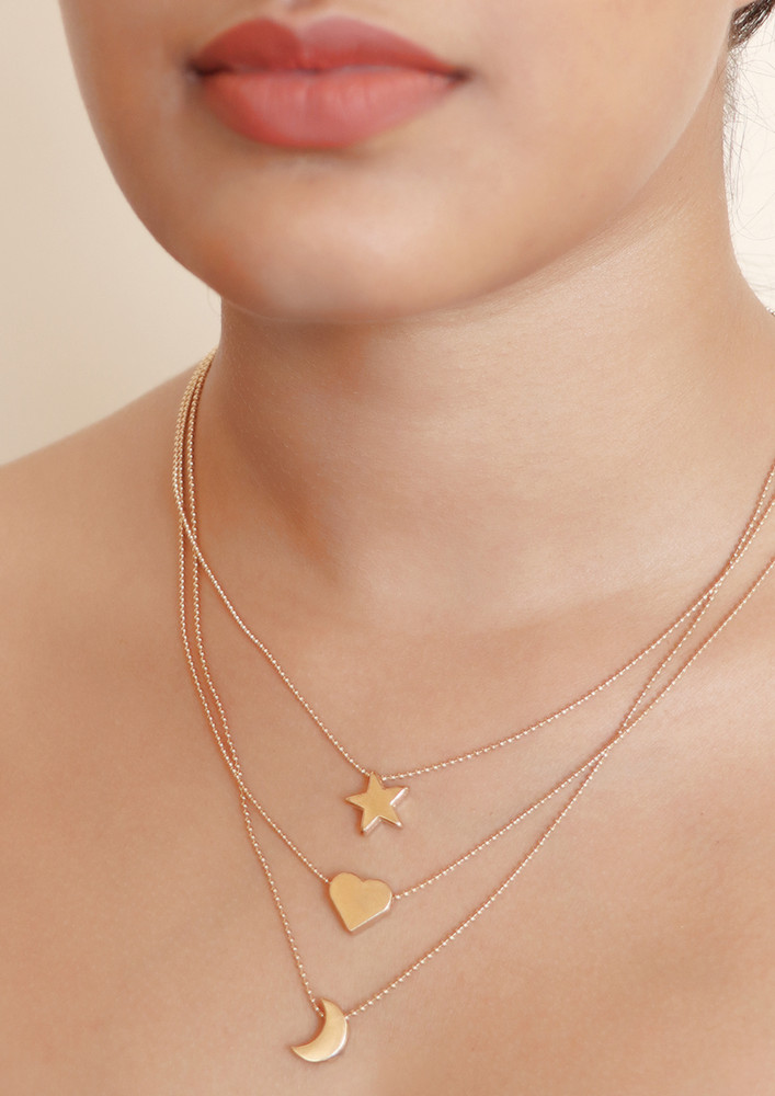 Heart, Star & Moon Pendant Statement Gold-toned Layered Necklace