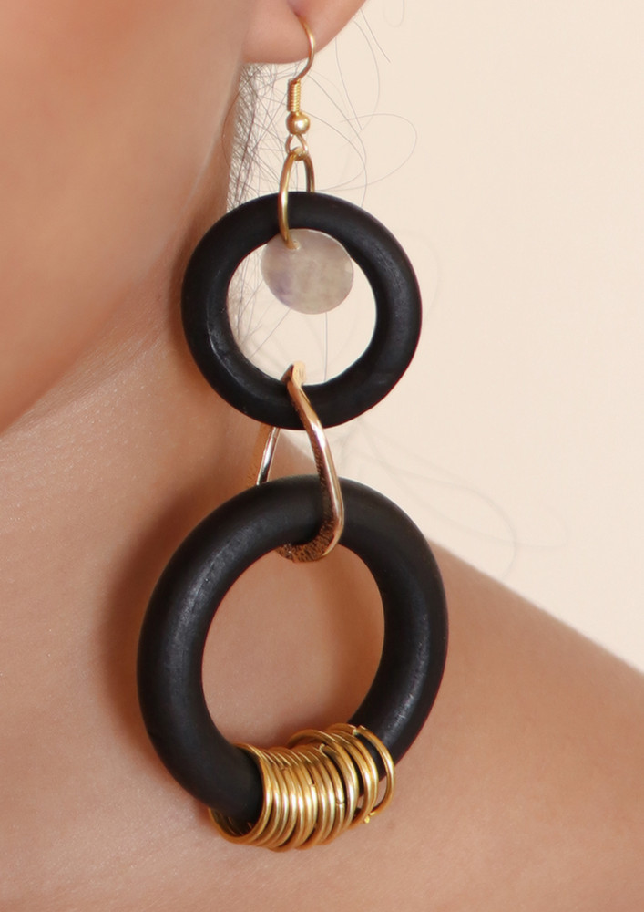Bold Black & Gold-toned Oversized Wooden Circular Drop Earrings