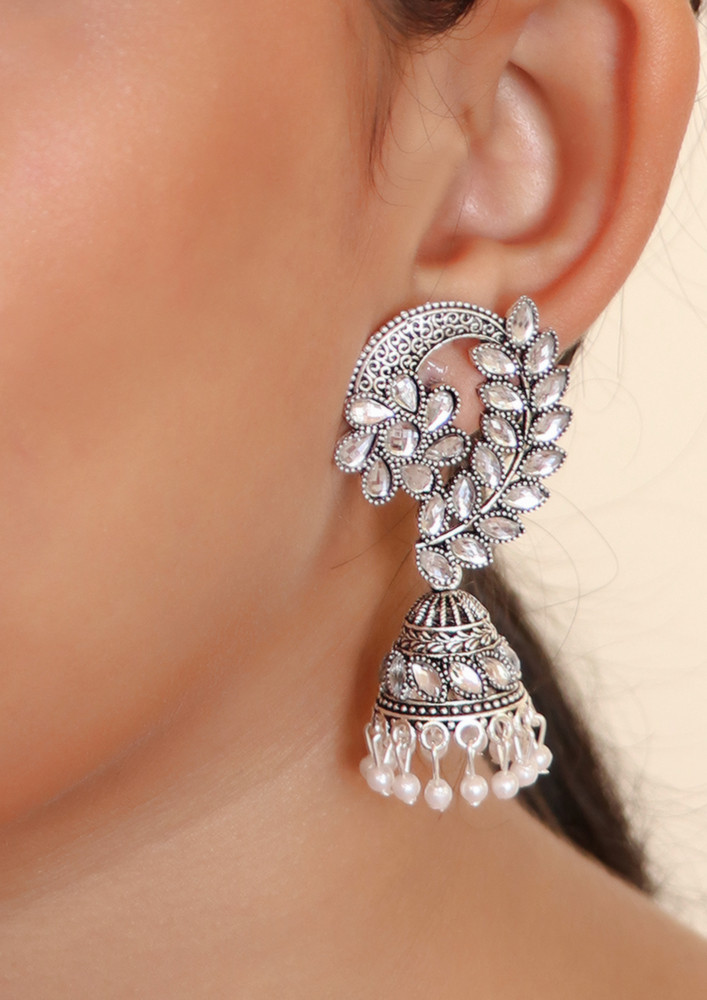 Ethnic Silver-toned Oxidized Rhinestone Studded Jhumki Pearl Drop Earrings