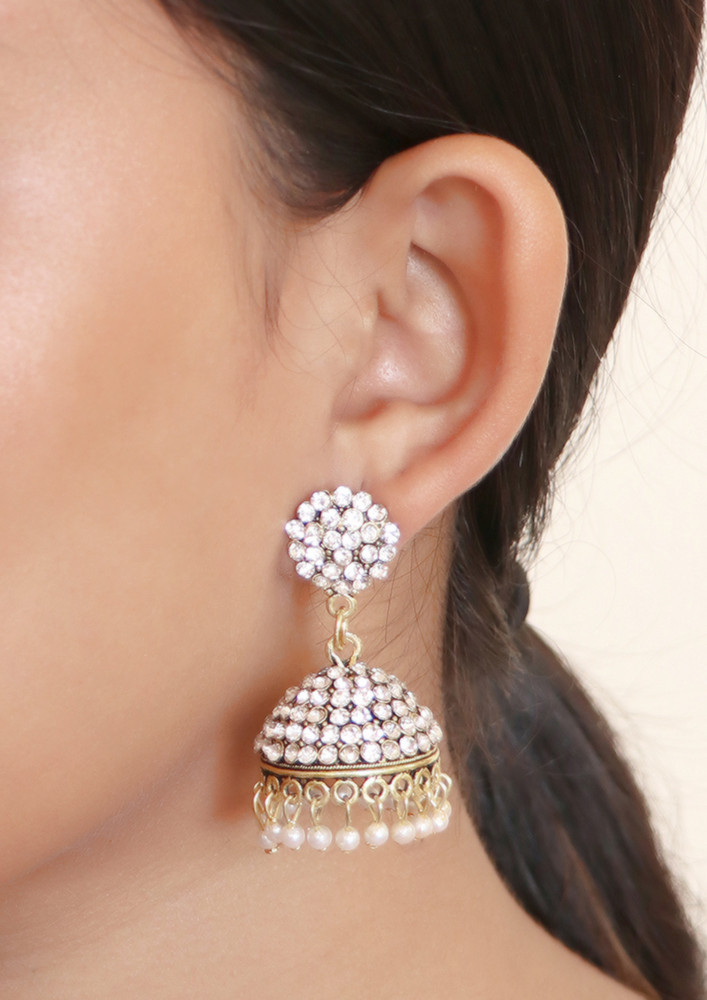Ethnic Gold-toned Rhinestone Studded Jhumki Pearl Drop Earrings