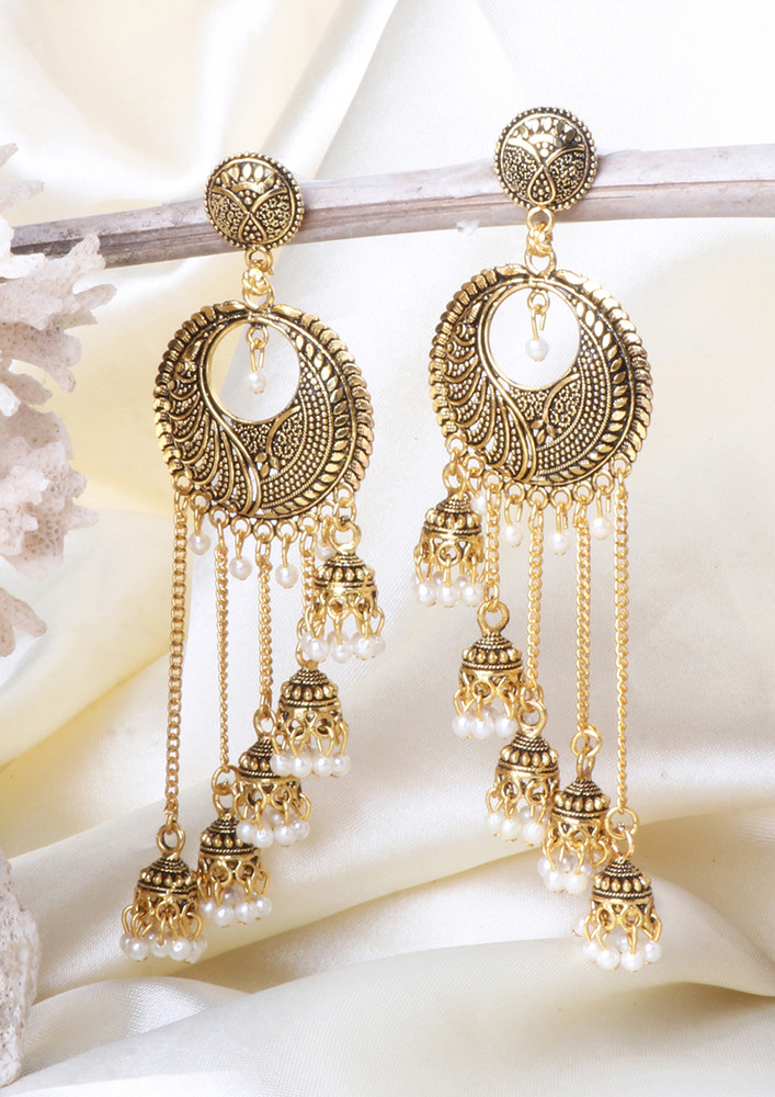 Ethnic Gold-toned Circular & Long Asymmetric Dangler Jhumki Pearl Drop Earrings