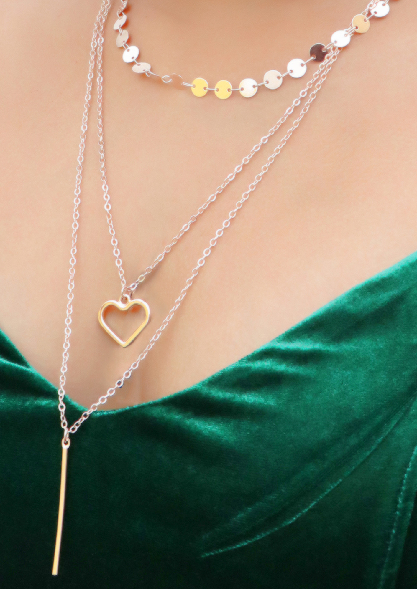 Heart, Line Pendant & Sequins Studded Statement Rose Gold-Toned Long Layered Necklace
