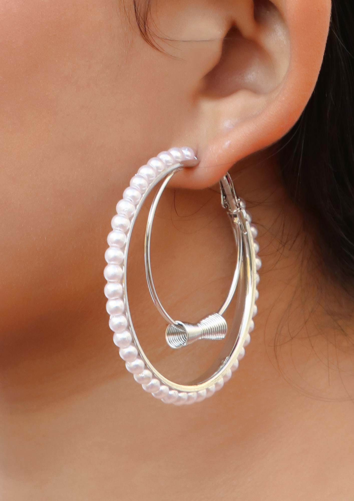 Oversized Pearl Studded Silver-Toned Circular Double Layered Hoop Earrings