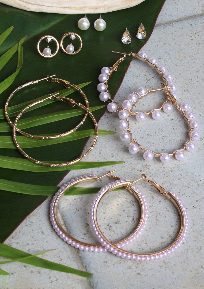 Set Of 6 Gold-toned And Pearl Diamante Stud & Hoop Earrings