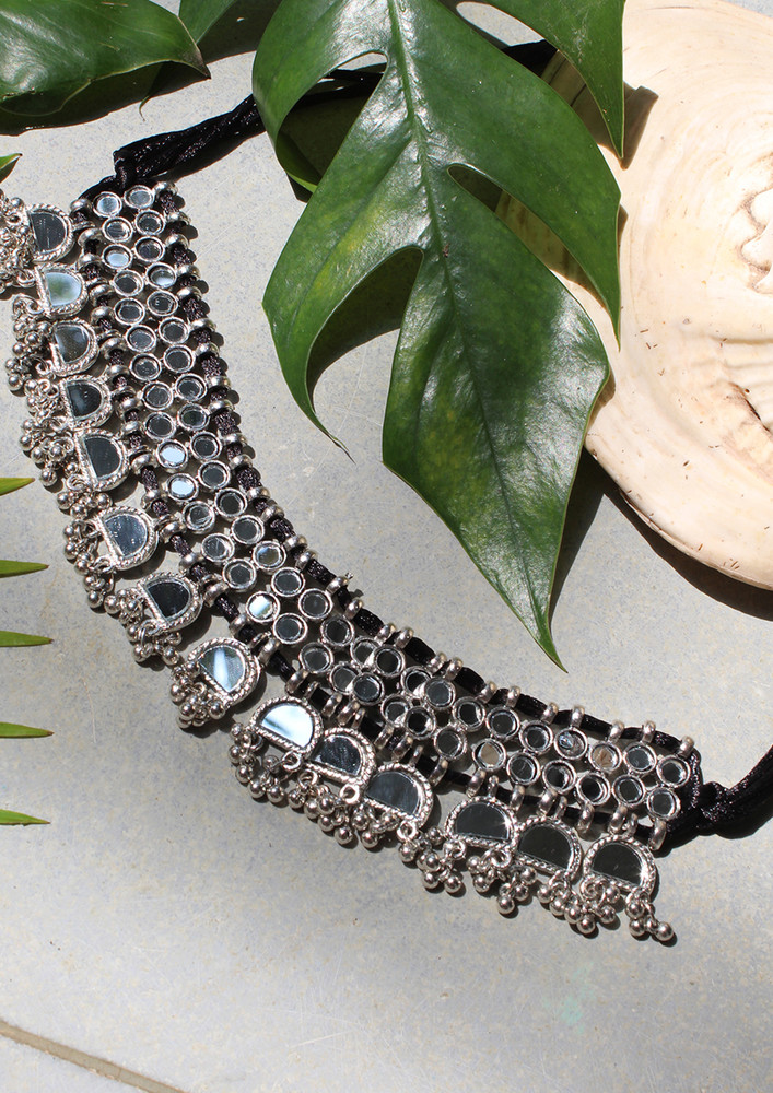 Statement Handcrafted Ethnic Silver-toned Mirror Ghungroo Choker Necklace