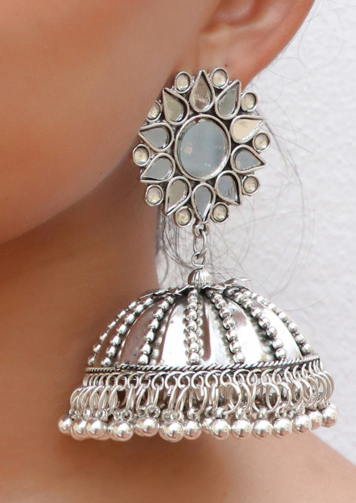 Oversized Handcrafted Ethnic Silver-toned Mirror Ghungroo Jhumki Drop Earrings