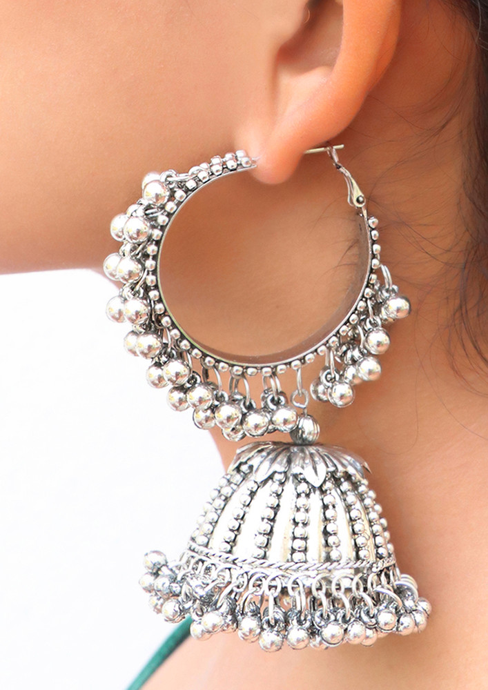 Oversized Handcrafted Ethnic Silver-toned Ghungroo Jhumki Hoop Earrings
