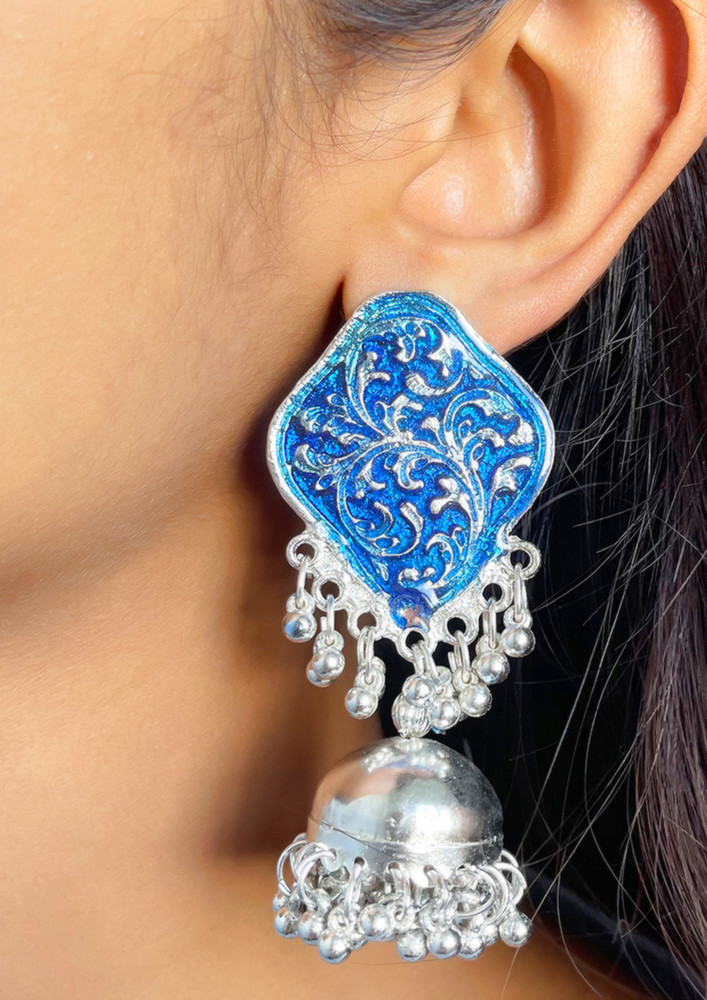 Oversized Handcrafted Ethnic Silver-toned Blue Acrylic Ghungroo Jhumki Drop Earrings
