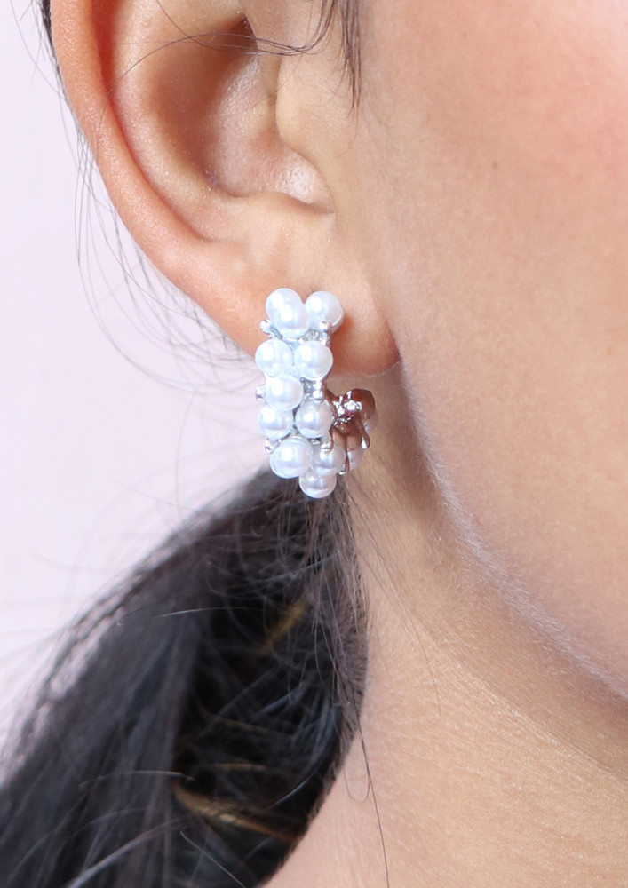Contemporary Silver-toned Pearl Studded Organic Open-hoop Earrings