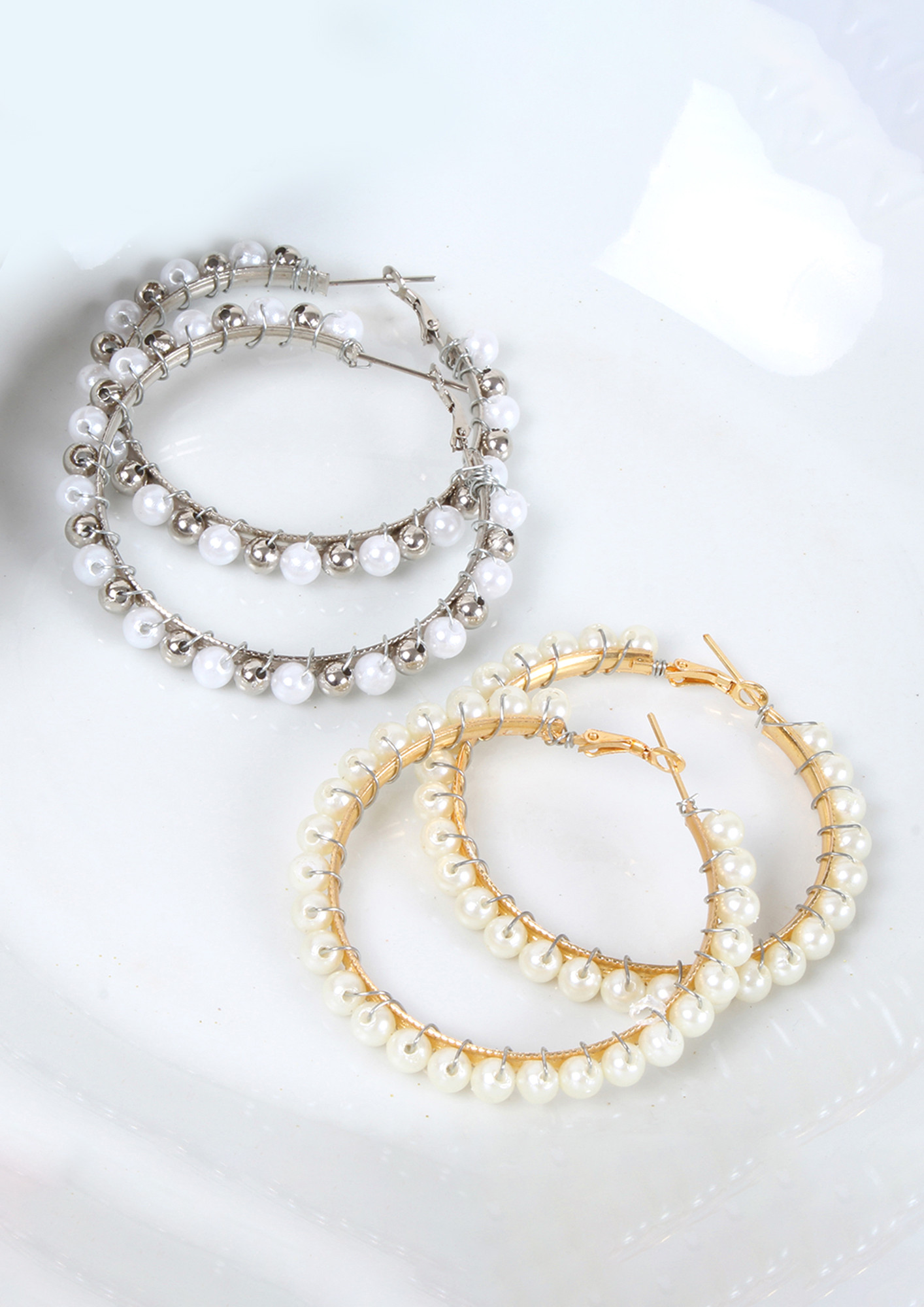 Set Of Two Pearl Studded Gold & Silver Circular Oversized Hoop Earrings