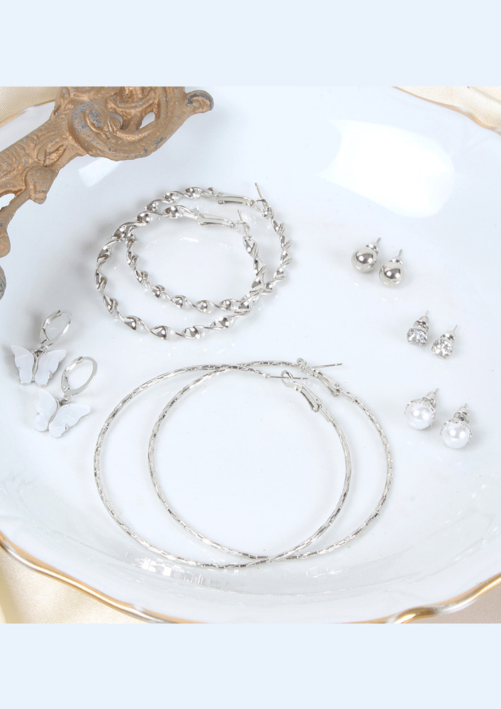 Set Of 6 Bold Silver Pearl & Diamante Stud & Hoop Earrings