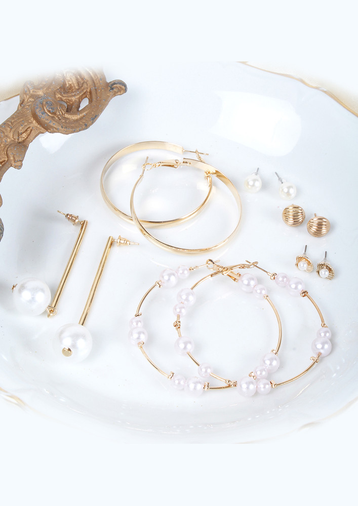 Set Of 6 Gold-toned Pearl Stud, Drop & Hoop Earrings