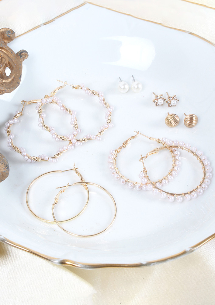 Set Of 6 Gold-toned & Pearl Diamante Stud & Hoop Earrings