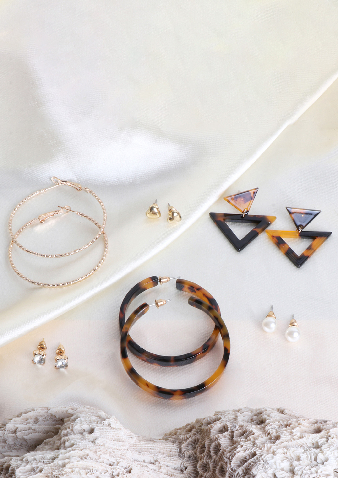Set Of 6 Gold-Toned Pearl, Diamante, Heart Stud & Animal Tortoise Shell Print Hoop Earrings