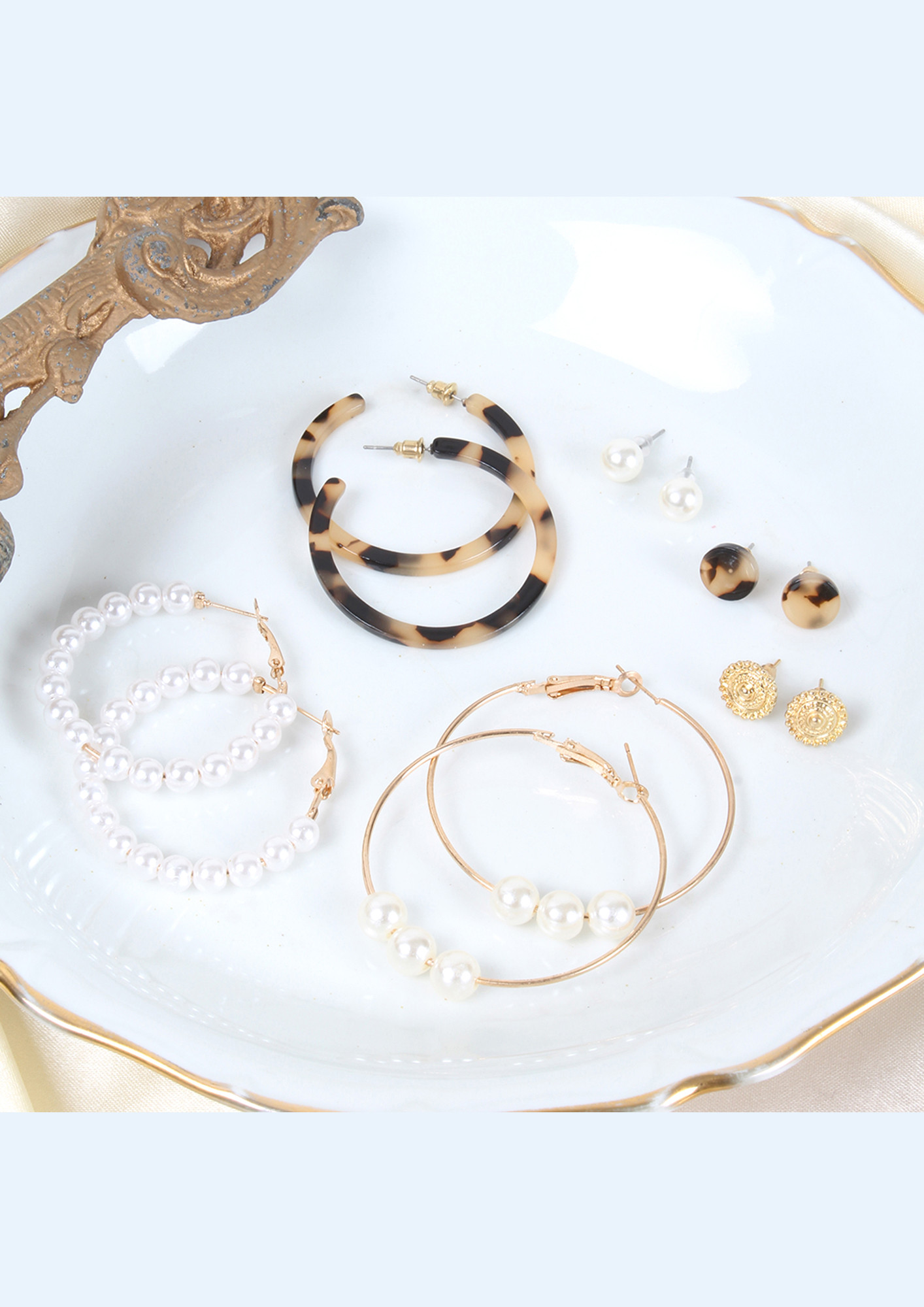 Set Of 6 Gold-Toned, Pearl, Animal Tortoise Shell Print Stud And Hoop Earrings