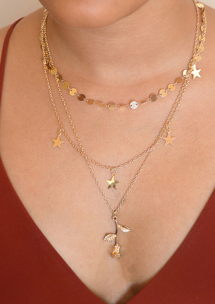 Statement Rose & Star Sequin Pendant Gold-toned Layered Necklace