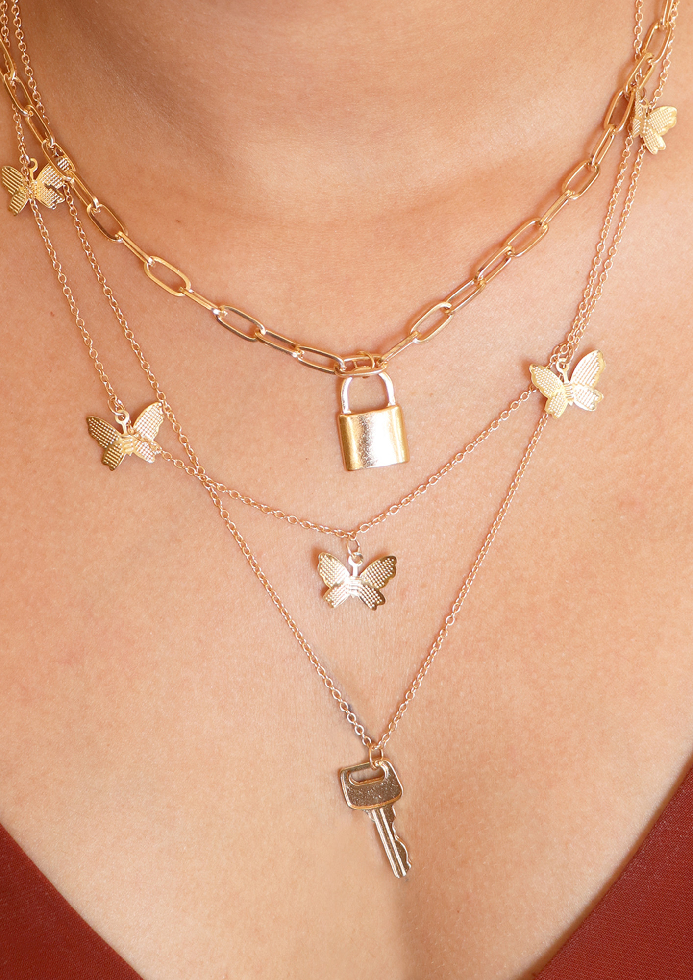 Butterfly, Lock & Key Pendant Statement Gold-Toned Layered Necklace