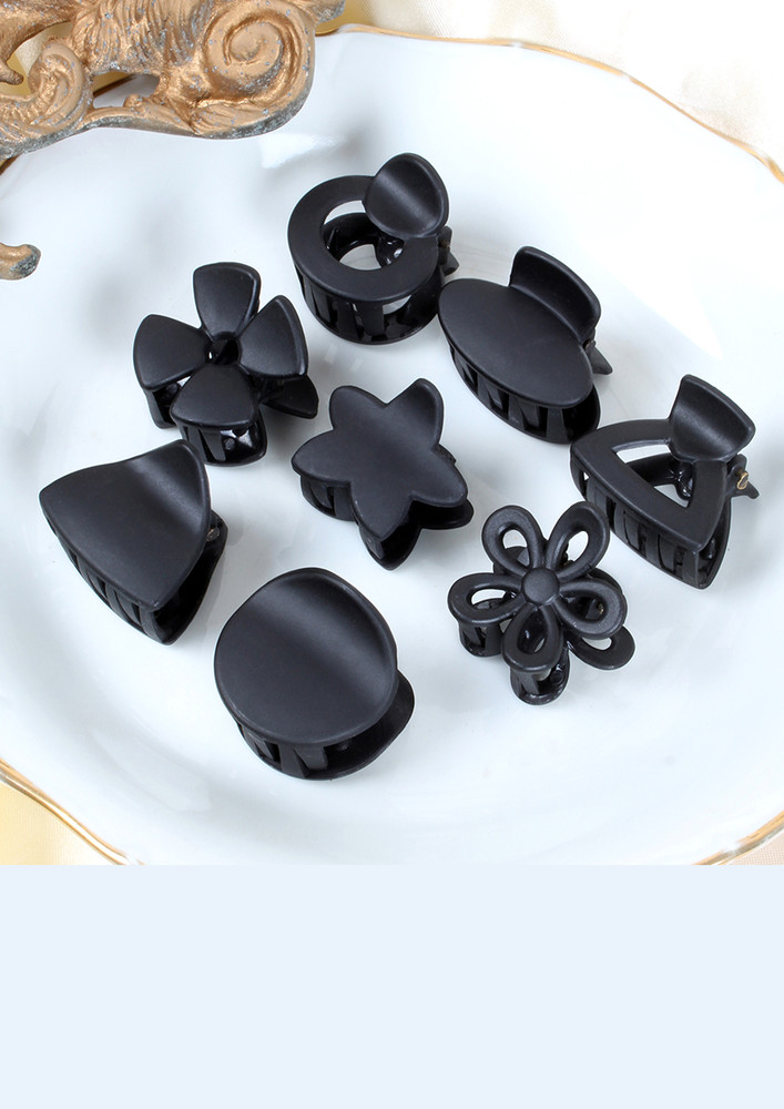 Set Of Eight Classic Matte Black Multi-design Mini Claw Clips
