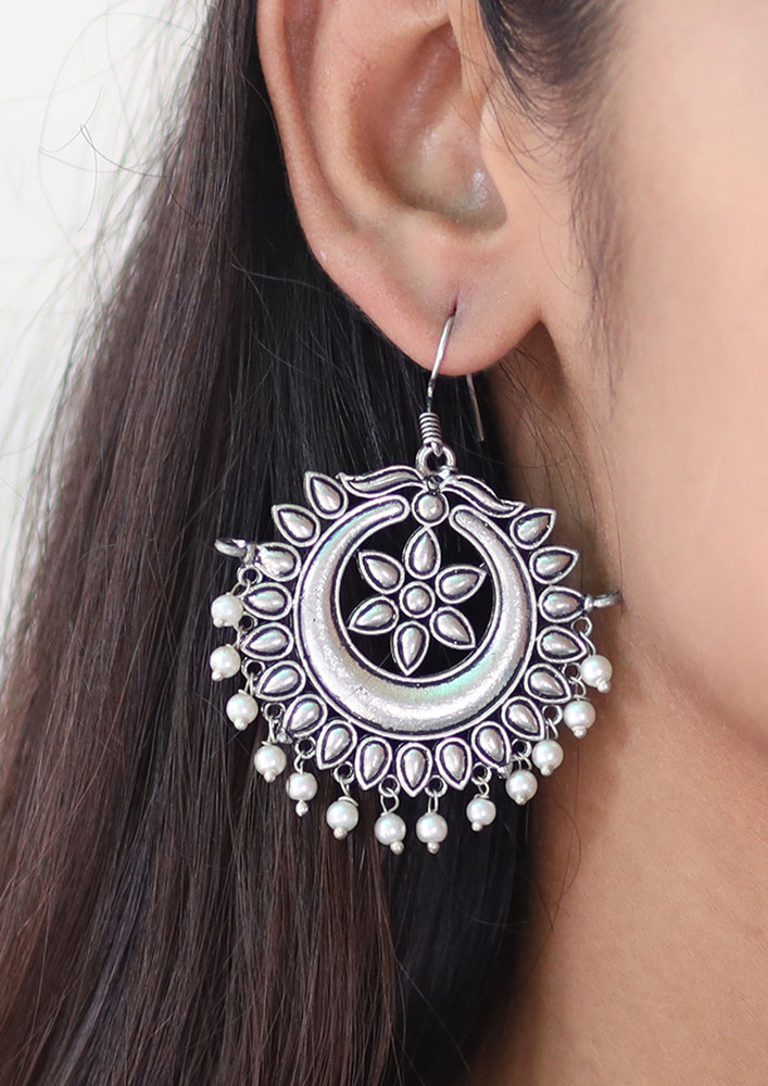 Oversized Handcrafted Ethnic Silver-toned Pearl Hook Drop Earrings