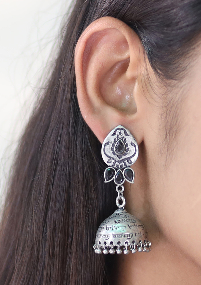 Oversized Handcrafted Ethnic Silver-toned With Black Rhinestones Ghungroo Jhumka Earrings