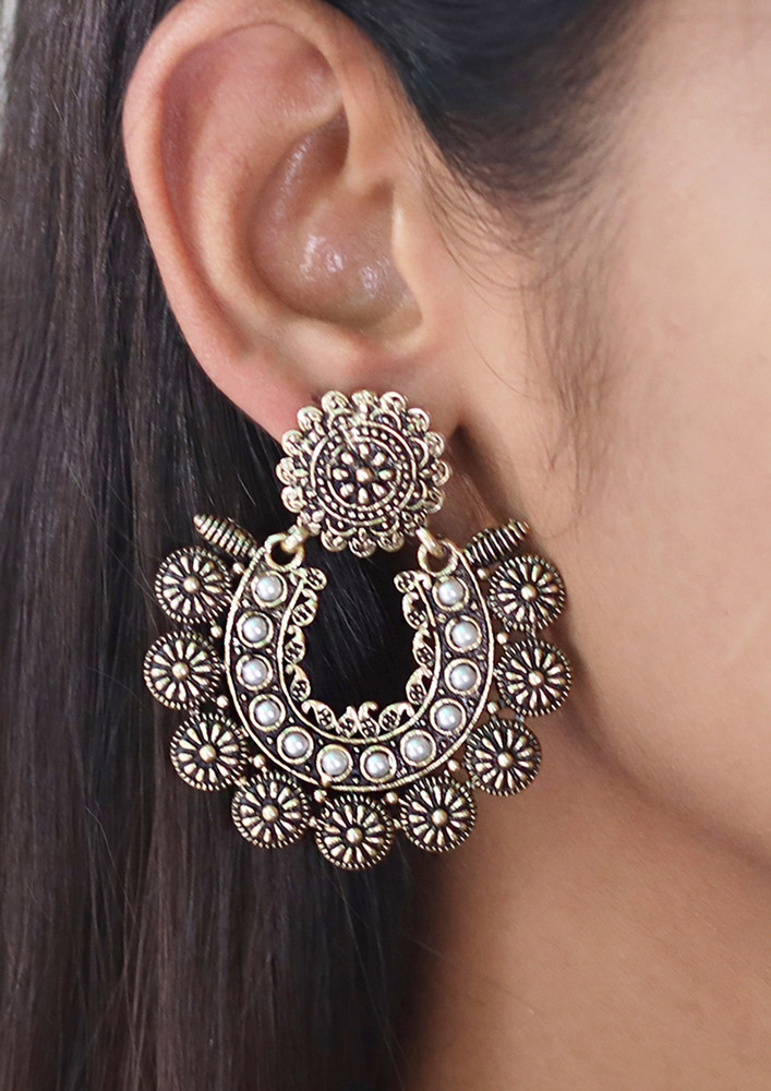 Oversized Handcrafted Ethnic Gold-toned White Rhinestone Studded Drop Earrings