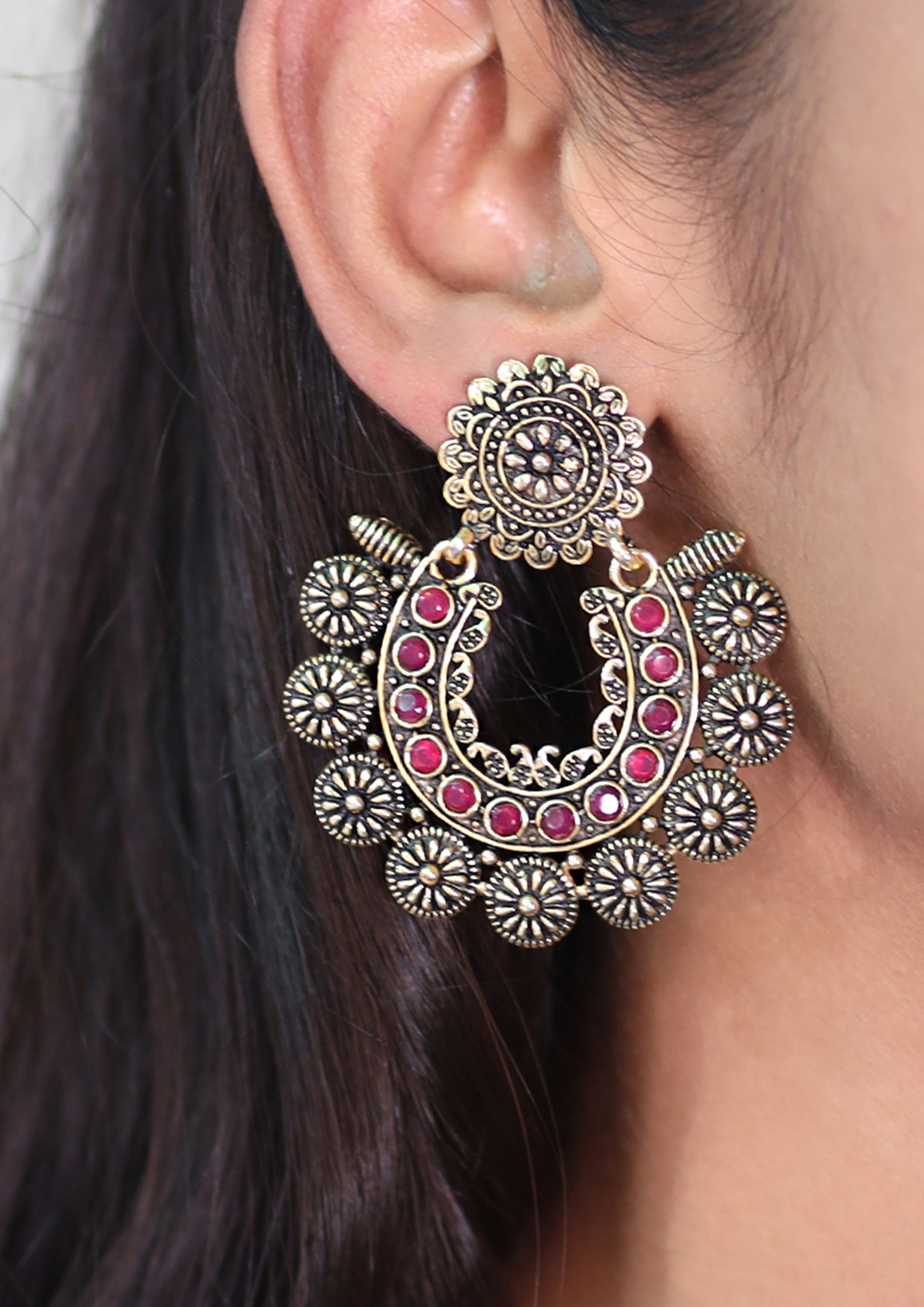 Oversized Handcrafted Ethnic Gold-Toned Red Rhinestone Studded Drop Earrings