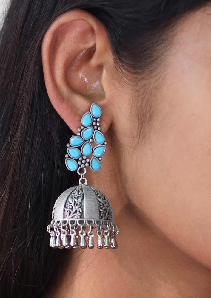 Oversized Handcrafted Ethnic Silver-toned With Blue Rhinestones Ghungroo Jhumka Earrings