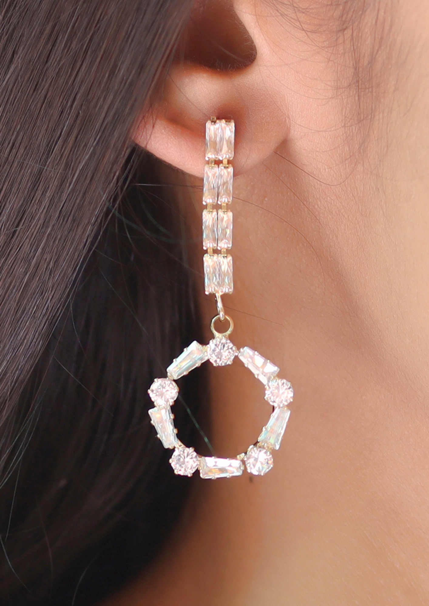 Contemporary Rhinestone Studded Metallic Circular Long Drop Earrings
