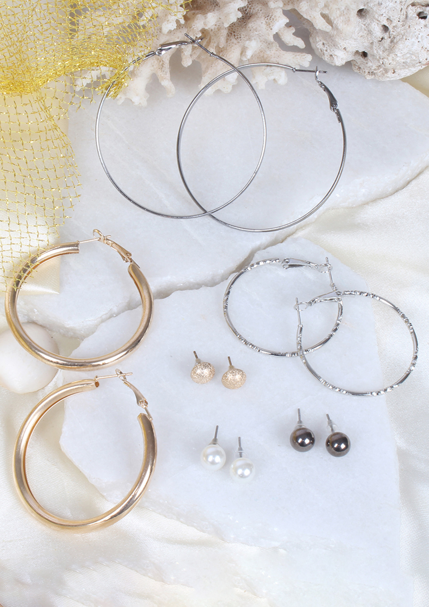 Set Of 6 Silver, Gold & Black Stud And Hoop Earrings