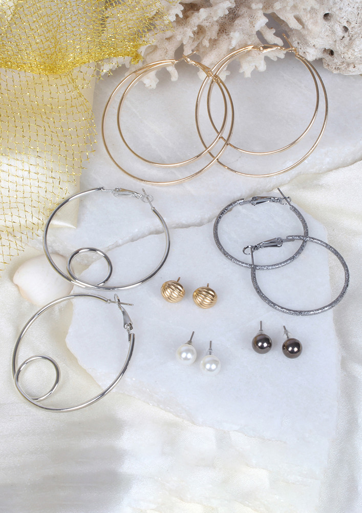 Set Of 6 Silver, Gold & Black Stud & Hoop Earrings