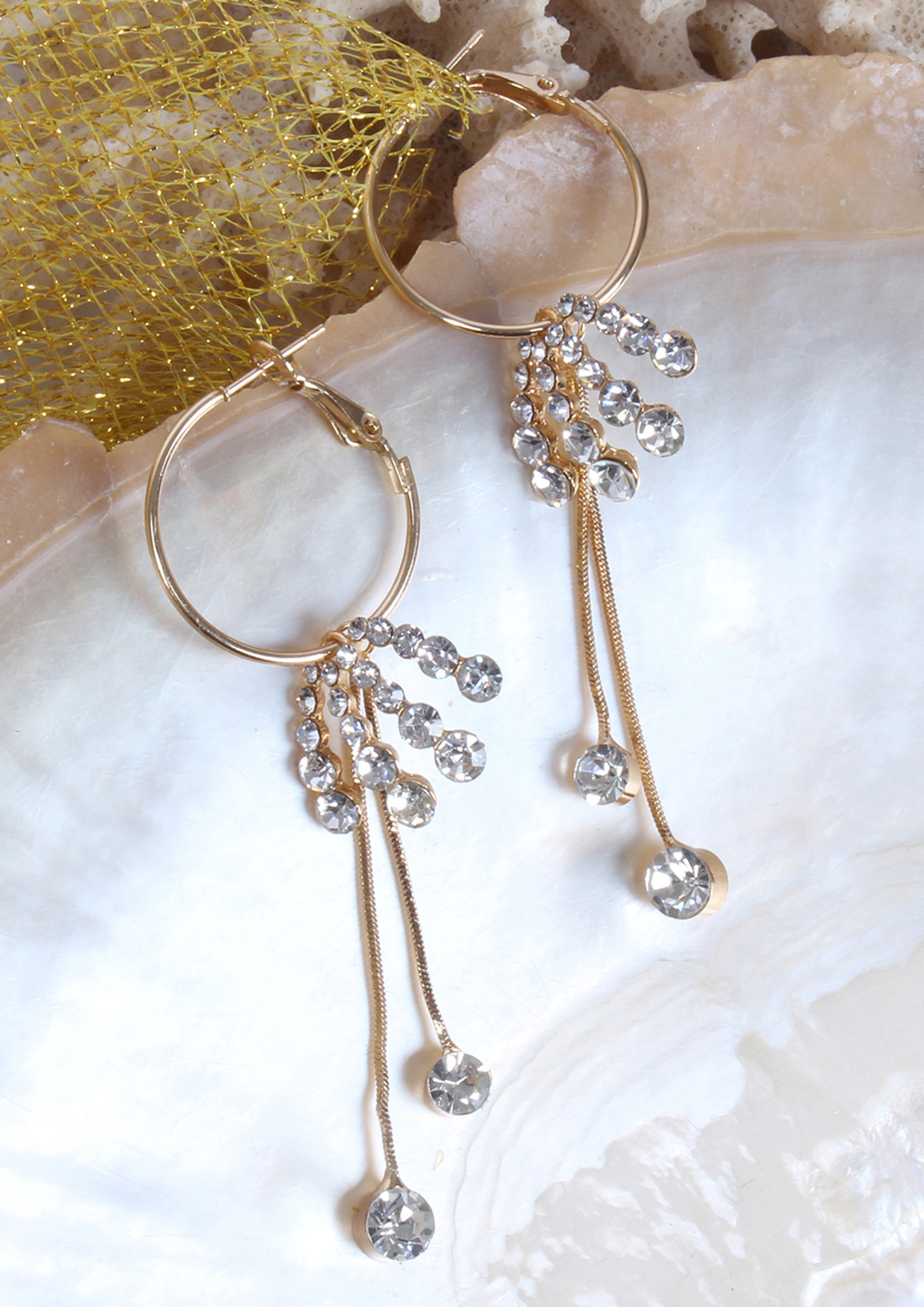 Contemporary Diamante Studded Long Metallic Tassel Hoop Earrings